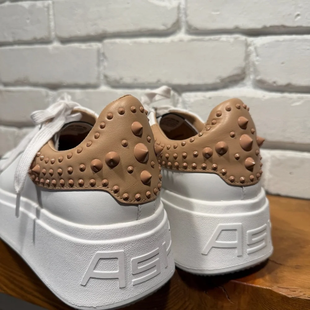ASH Platform Sneakers White Leather NUDE Studded Heel Size 40 Luxury Chunky NIB - Picture 9 of 15